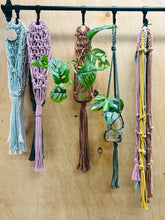 Load image into Gallery viewer, Macrame hangers in assorted colours with leaf jars in them