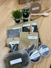 Load image into Gallery viewer, DIY Kit contents-packets of decorative pebbles and rocks, charcoal, terrarium substrate, figurines, moss and springtails on a wooden background