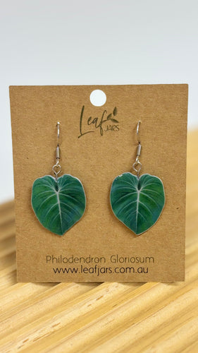 Philodendron Gloriosum Leaf Earrings on timber board