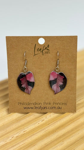 Philodendron Pink Princess Leaf Earrings on timber board