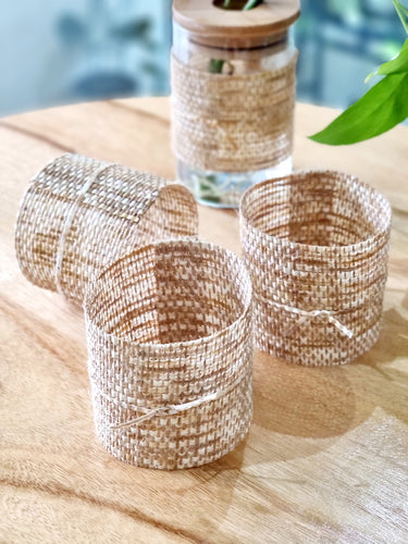 3 Rattan Leaf Jar Wraps on wooden board